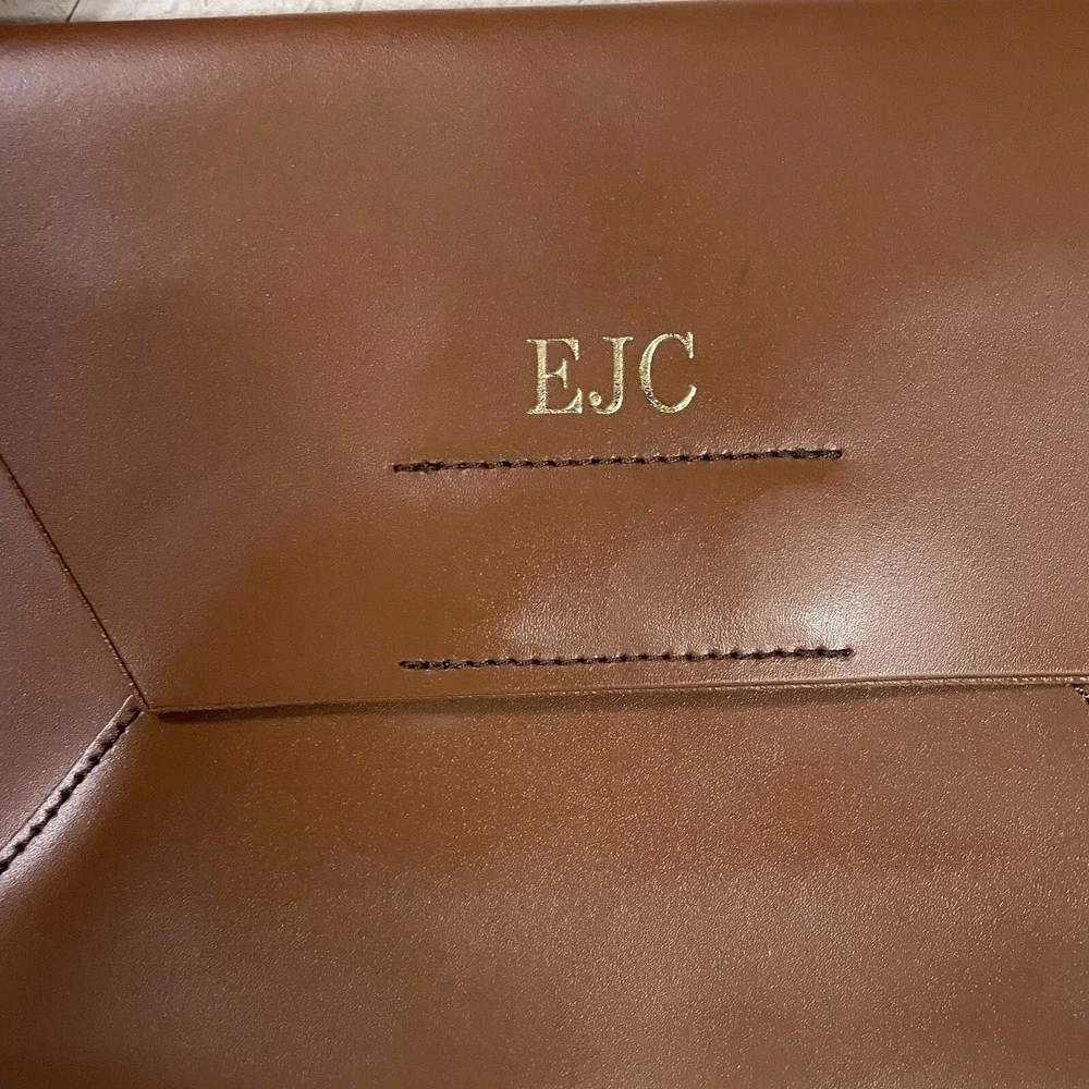 J CREW Brown Smooth‎ Leather Structured Flap Closure Envelope Clutch Monogrammed